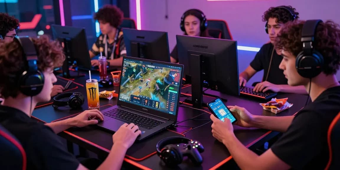 Players enjoying the exciting 663bet game in a vibrant gaming room filled with energy drinks and gaming gear.