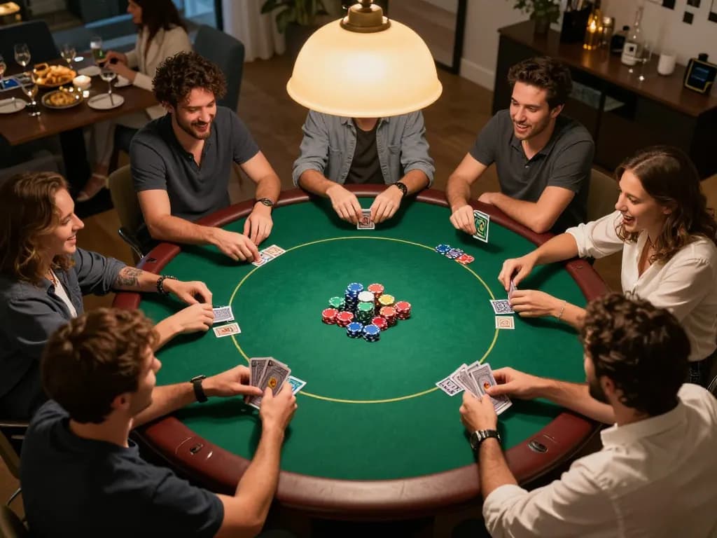 Players enjoying a lively poker game at home, showcasing the excitement of 69vn's gaming experience with colorful poker chips and cards visible.