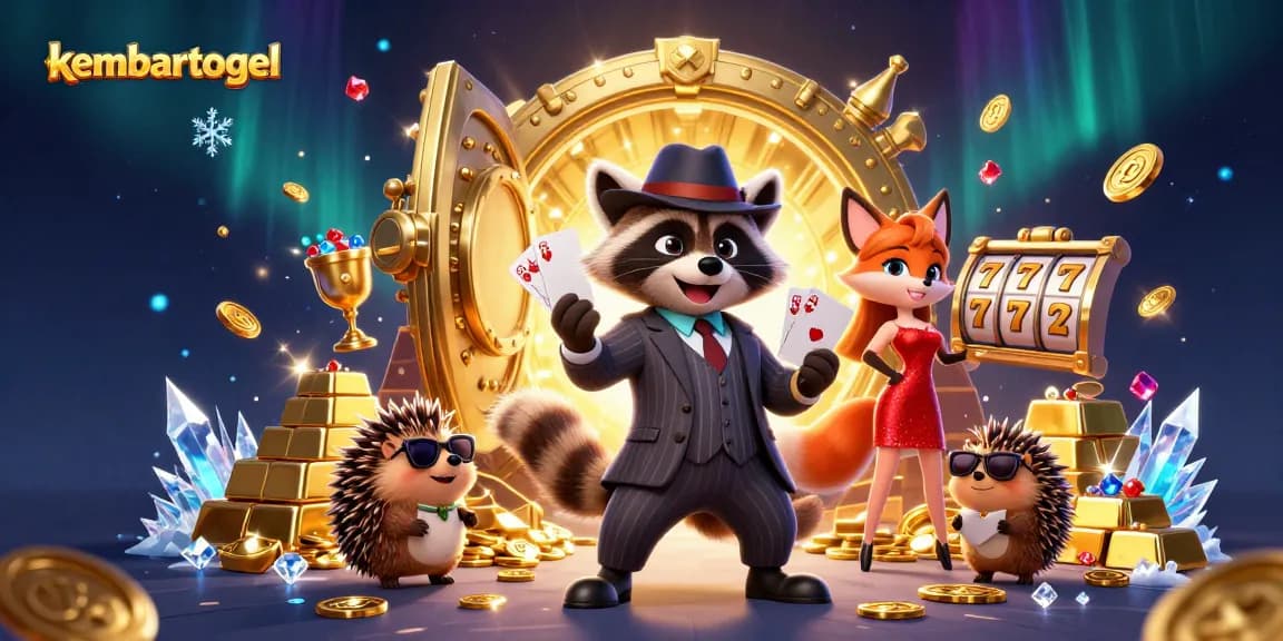 Engage in thrilling gameplay with kembartogel featuring a raccoon, fox lady, and hedgehog amidst a casino scene.