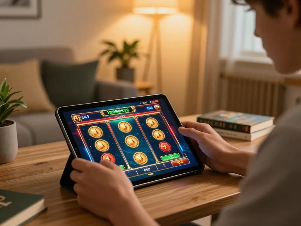 Engaging player enjoying immersive online game Nk888 on tablet in cozy living room.