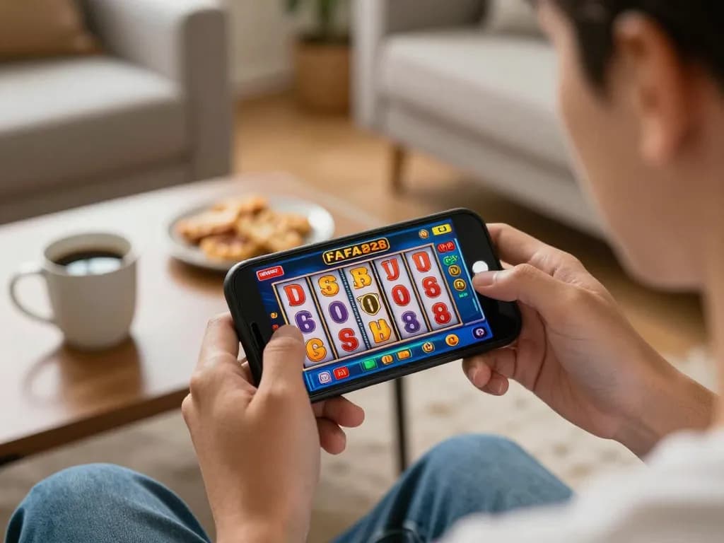 Mobile gamer enjoying FAFA828 slot experience on smartphone while relaxing at home.