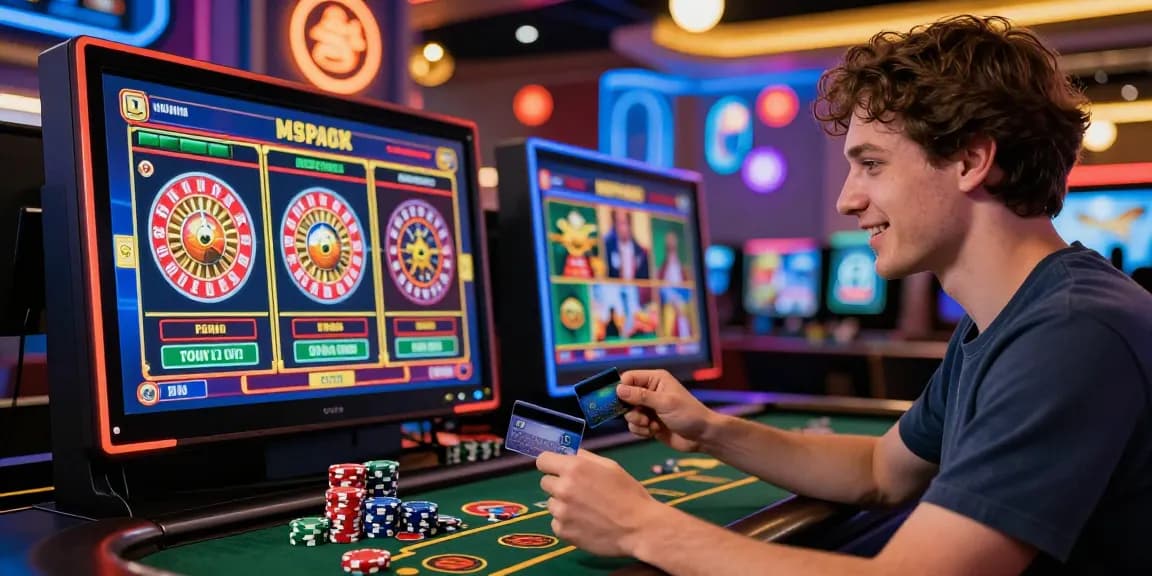 Exciting player engaging with credit card casinos, surrounded by vibrant gaming atmosphere and casino elements.