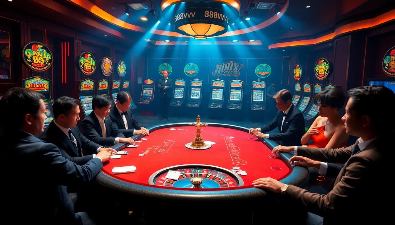Players engage in a thrilling poker game at 88vv casino, surrounded by vibrant slot machines and a spinning roulette wheel.