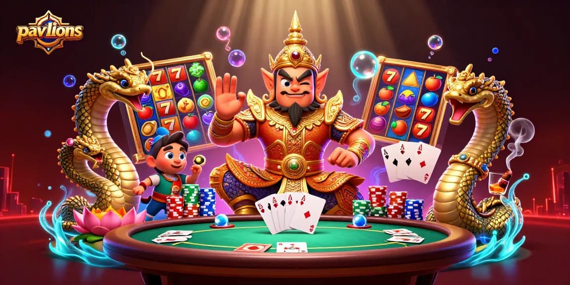 Pavilions showcases an extravagant scene of gaming action with vibrant slot reels and a Thai guardian.
