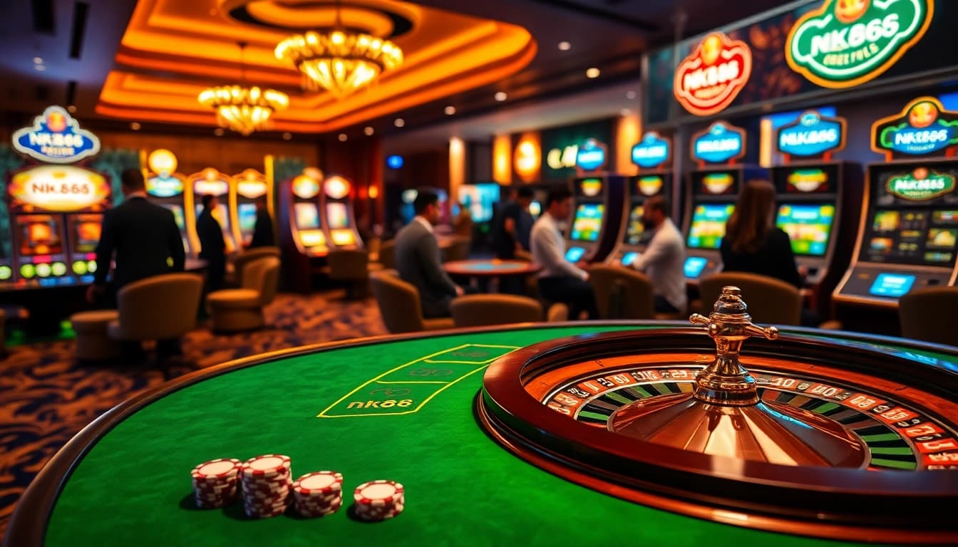 Engaged players enjoying high-stakes games at nk88 casino with vibrant roulette and poker tables.