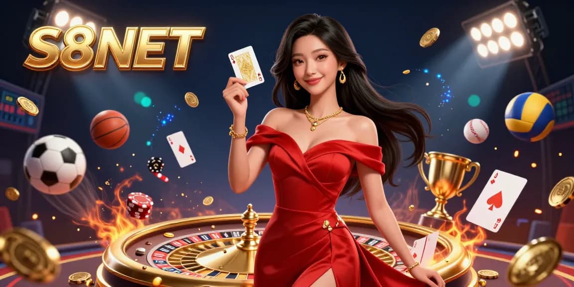 S8NET players engage with a vibrant casino scene featuring a stunning woman by a roulette wheel, promising thrilling betting action.