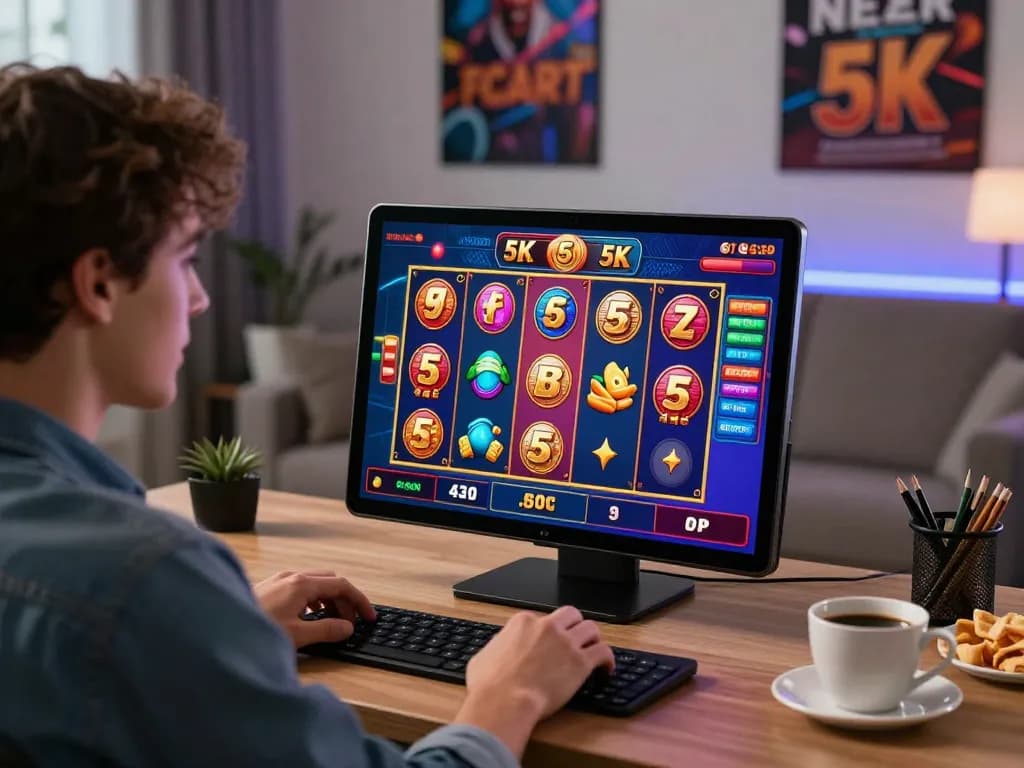 Player engaging with the slot 5k online casino, immersed in exciting gameplay with colorful visuals.