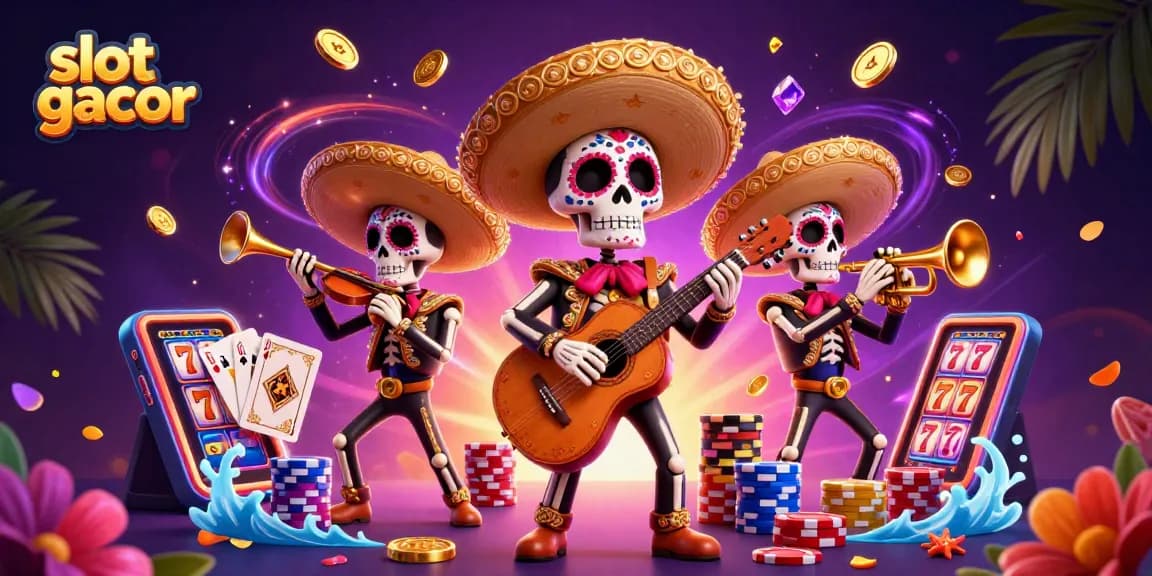 Experience slot gacor action with Día de los Muertos mariachi band amidst golden coins and trinkets.