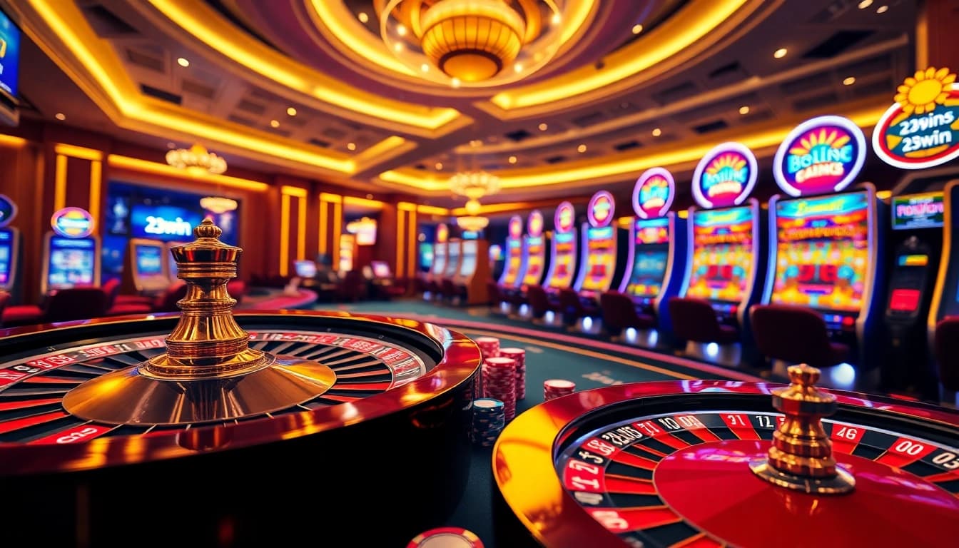 Experience the excitement of 23win with vibrant casino visuals showcasing roulette, poker chips, and slots.