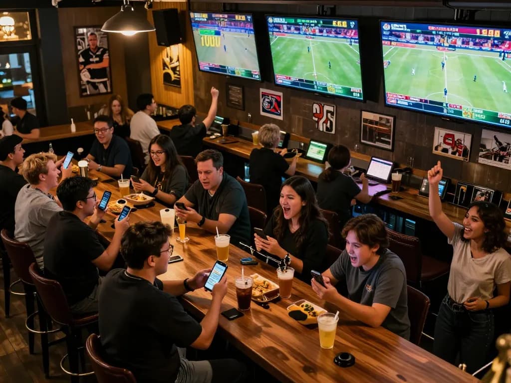 Bsport users engaging in live sports betting at a lively bar, actively placing bets and cheering.