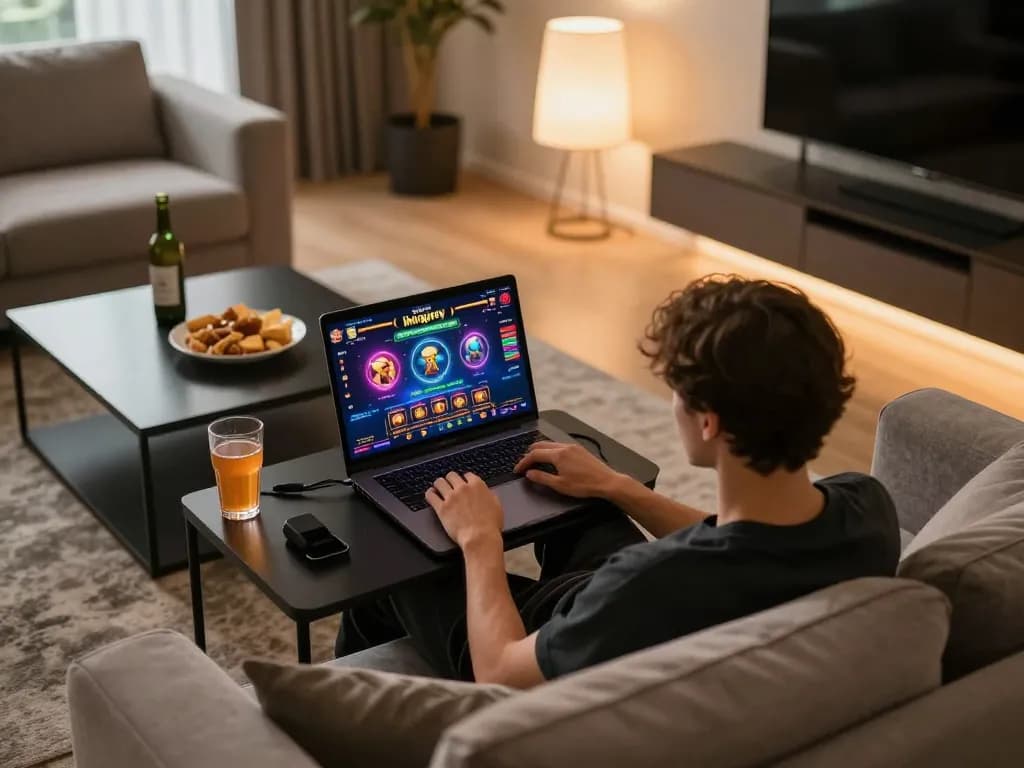 Players engaging with inkingrey online casino on a cozy couch, showcasing modern gaming setup and warm ambiance.