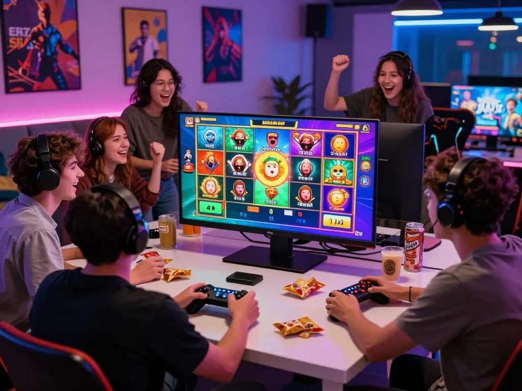 Diverse group enjoying interactive barcaslot gaming experience with excitement and modern tech.