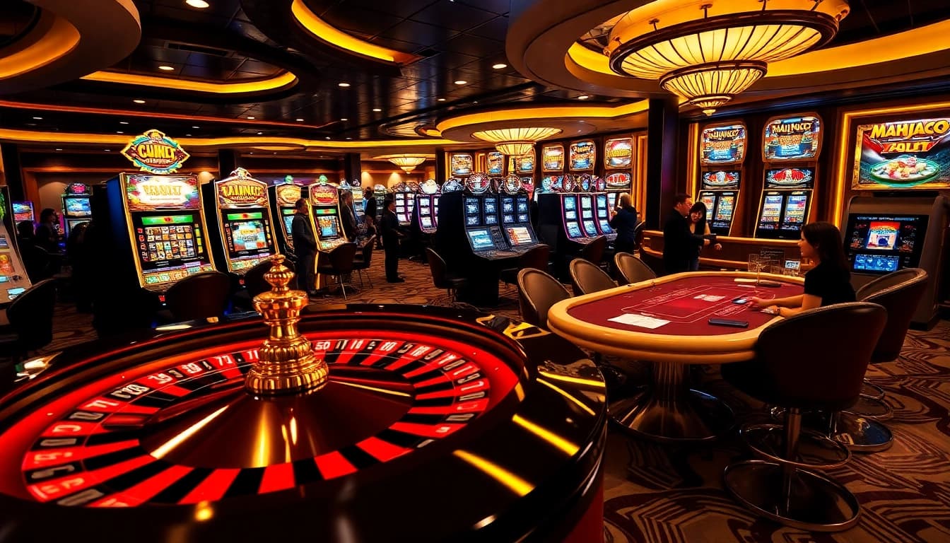Situs Gacor players engaging with high-stakes slot machines in a vibrant casino setting.