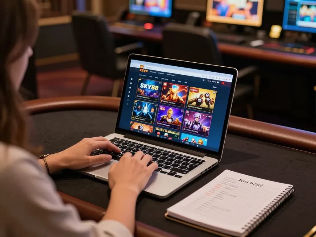 Engaging with SKY88 game on a laptop, showcasing an online casino interface.