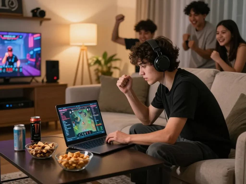 Person engaged in esports betting on laptop while enjoying snacks and drinks, focusing on tr88 com.
