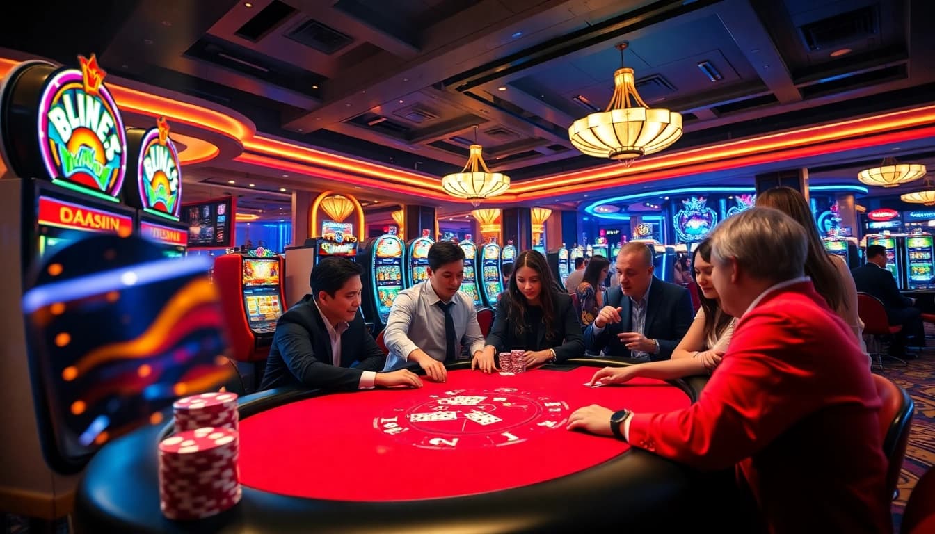 Experience the excitement of y3娱乐 at a lively casino table filled with players and vibrant gaming activities.