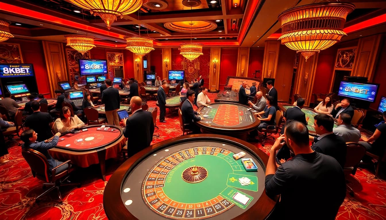 Experience thrilling gaming at 8KBET with luxurious casino tables and engaging players.