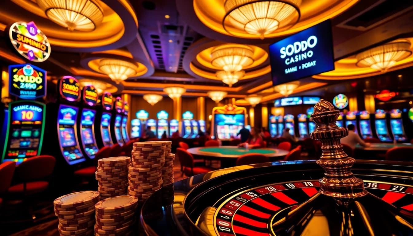 SODO CASINO offers a vibrant gaming scene with poker chips and roulette for players.