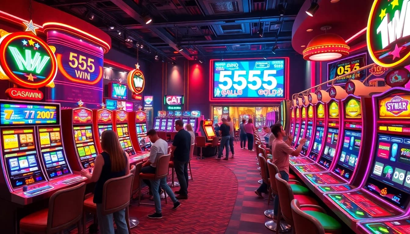 Exciting 555win virtual casino highlighting colorful slot machines and engaging players.