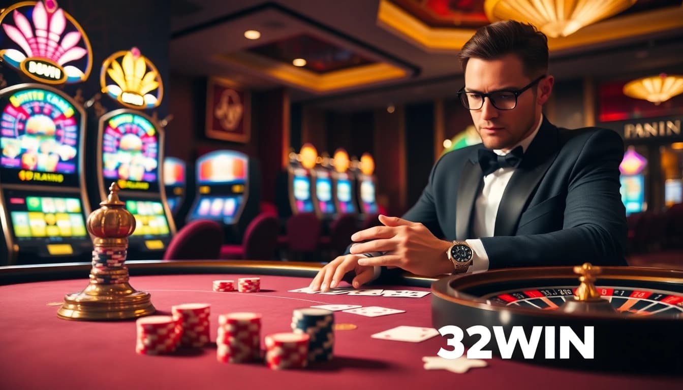 Exciting poker action with 32WIN chips and cards on an elegant casino table.