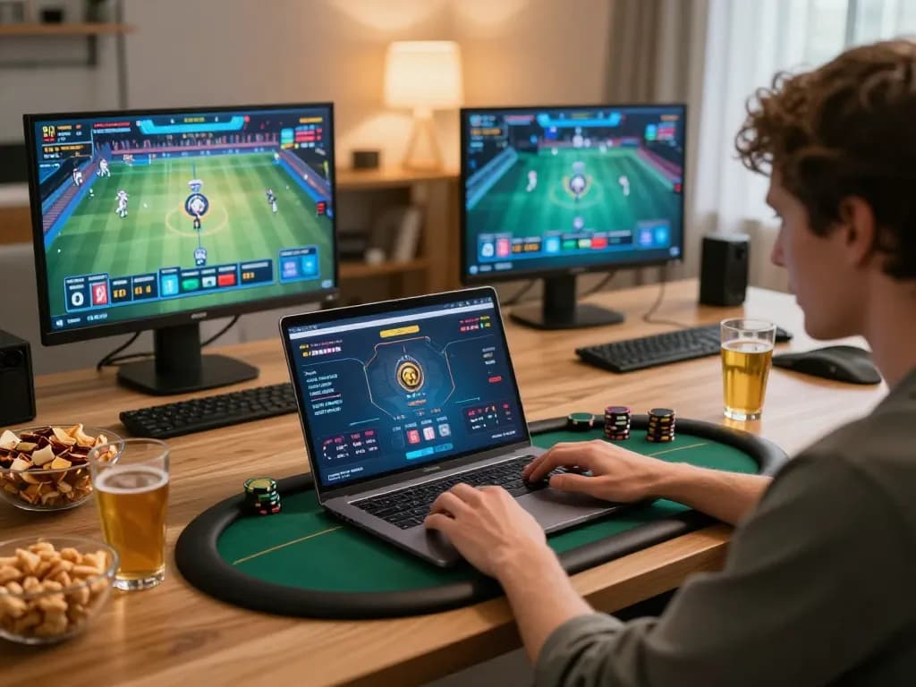 Player engaged in strategic gameplay on 9bet poker platform from a cozy home setup