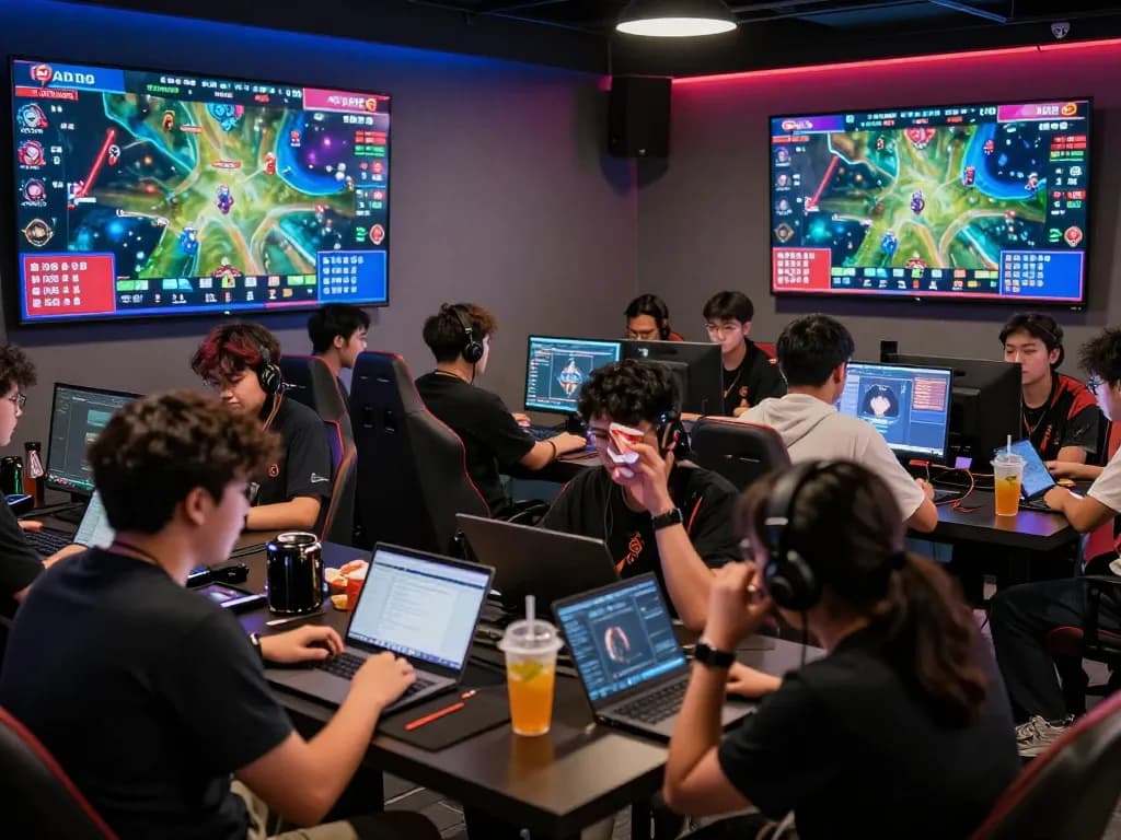 Dota 2 betting scene with fans analyzing live matches and odds in a vibrant gaming lounge.