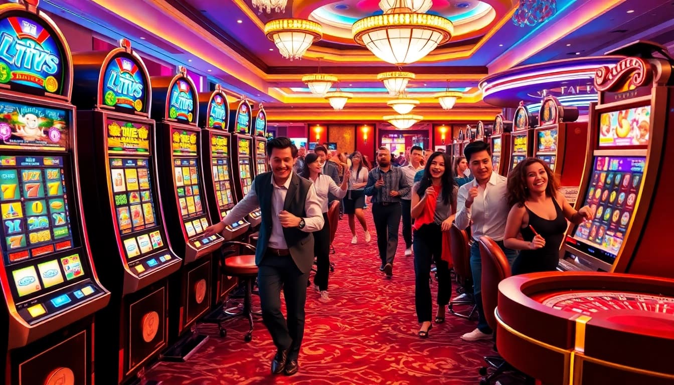 Excited players engaging with vivid slot machines in a vibrant casino atmosphere.