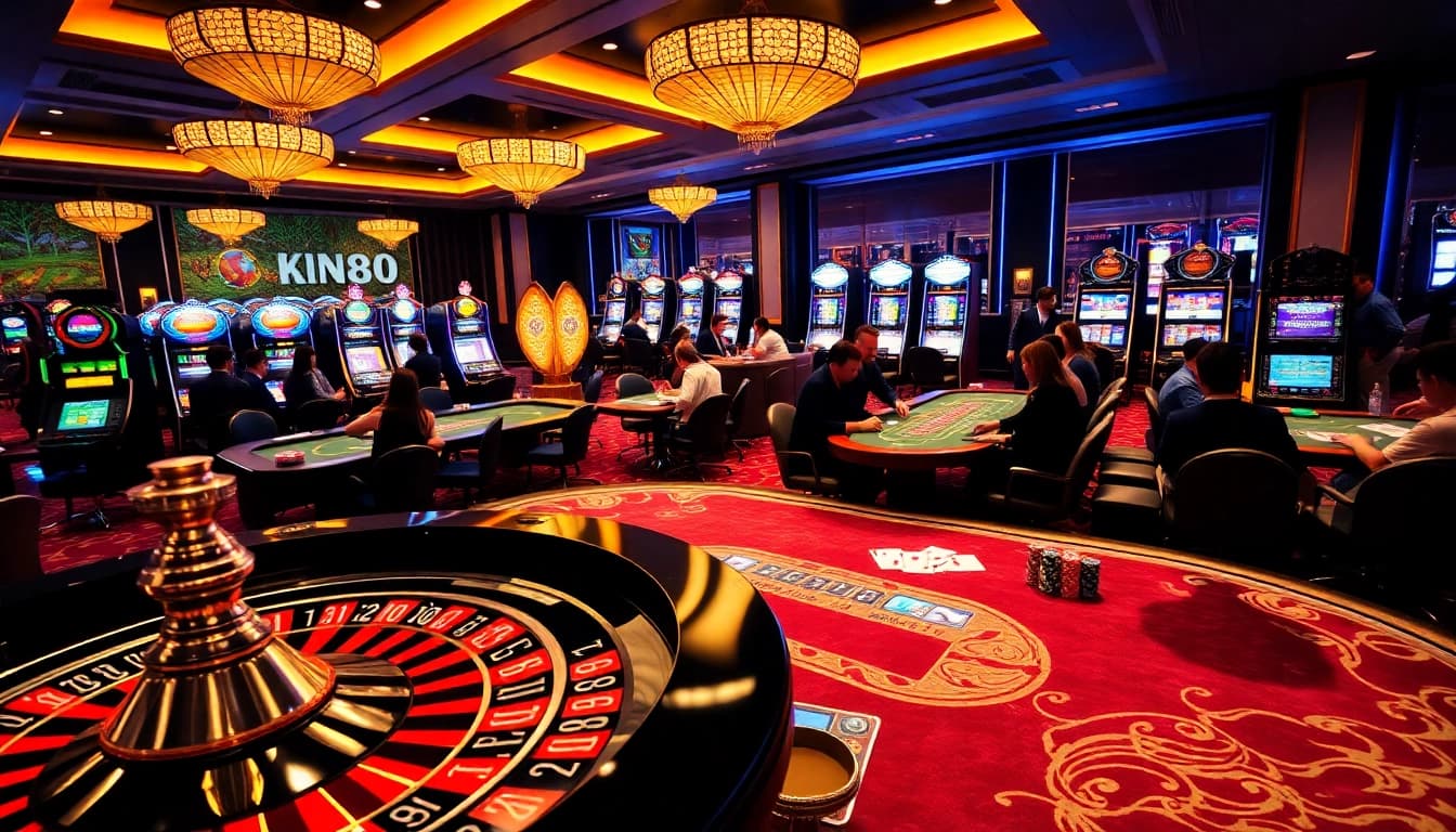 Engaging KP88 players at a vibrant casino table, experiencing thrilling gambling action.