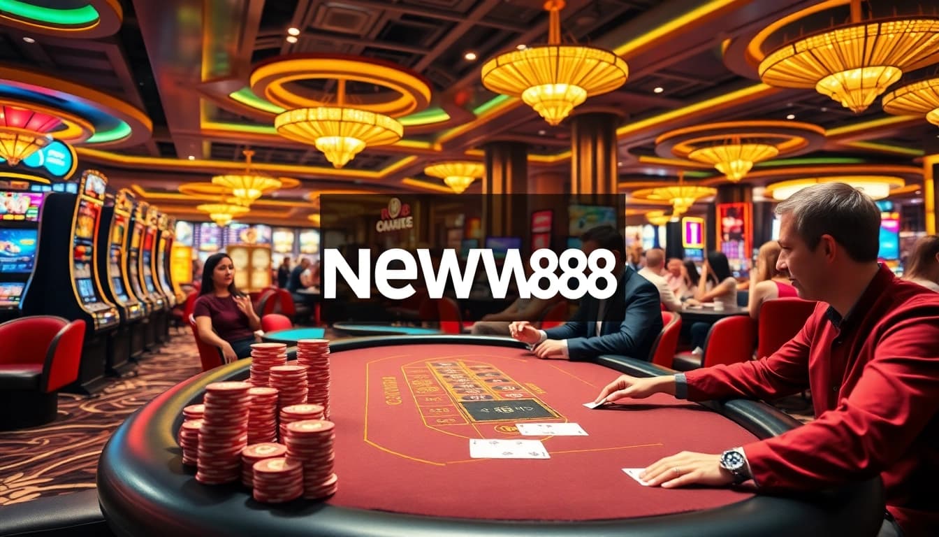 Dynamic casino scene featuring NEW88 logo amidst players at slot machines and poker tables.