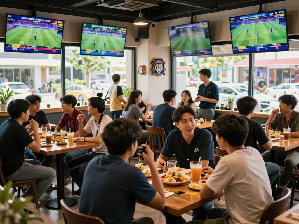 Engaged fans analyzing kèo nhà cái odds at a lively sports café