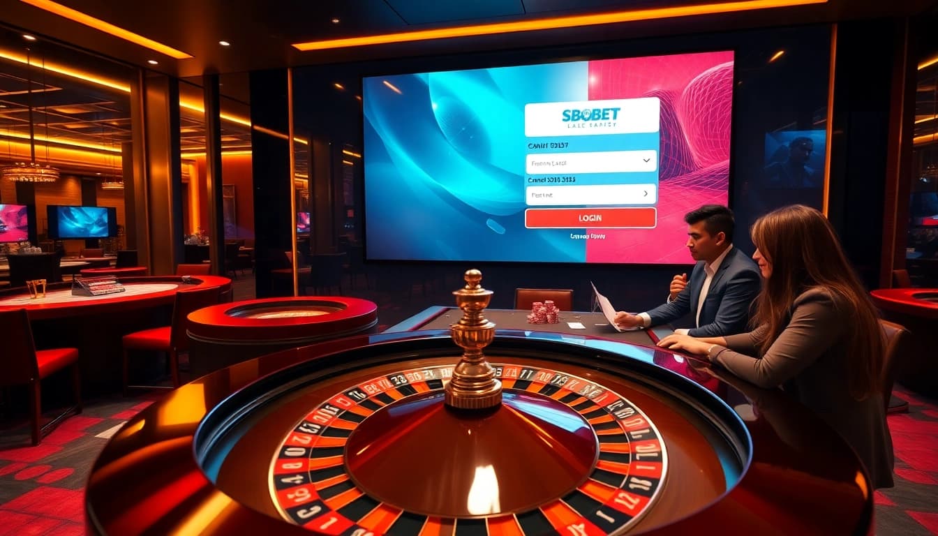Sbobet login indonesia displayed on a luxurious casino interface, showcasing online betting excitement and engagement.