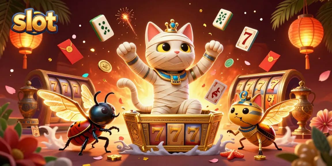 Slot dalam ilustrasi 3D dengan karakter kucing Mesir dan elemen kasino yang menarik, memicu keberuntungan besar