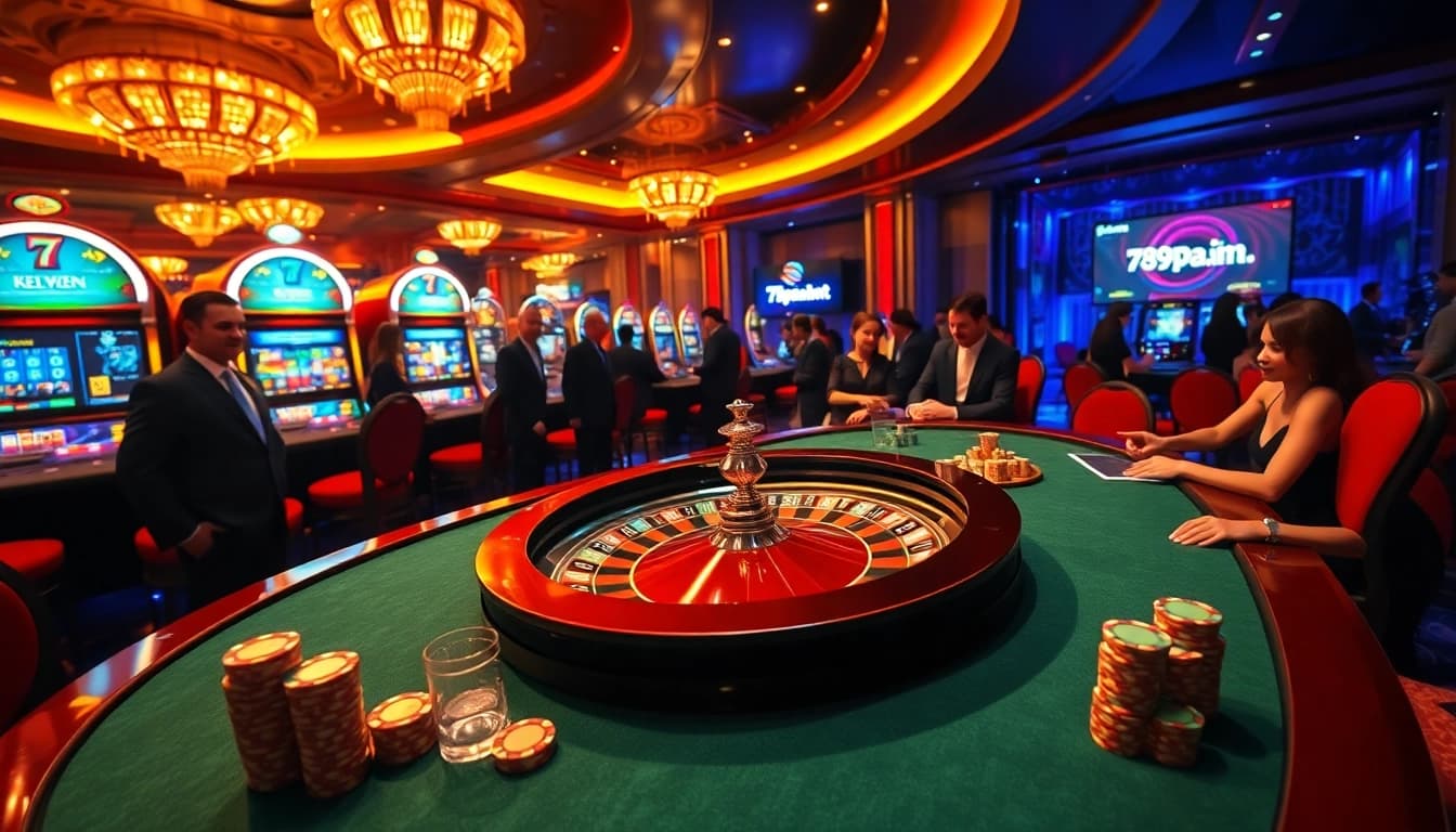 Exciting casino scene with poker, slots, and roulette, showcasing 789pa.in.net gaming experience.