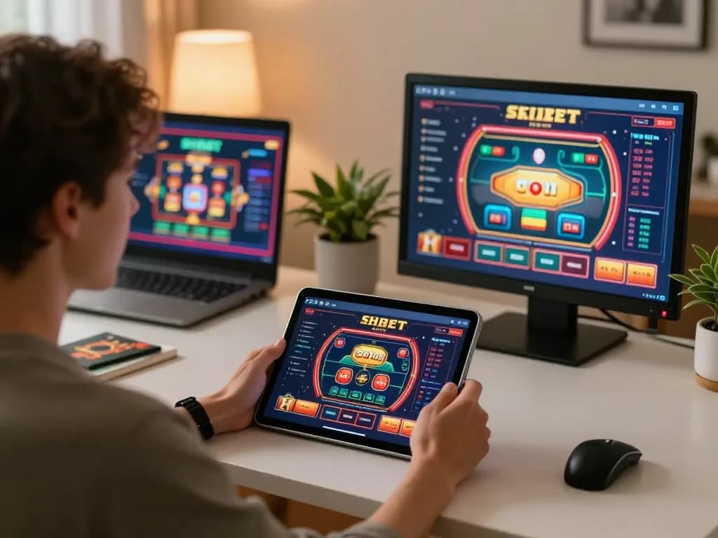 Engaged player enjoying shbet's online casino gaming on a tablet in cozy home office