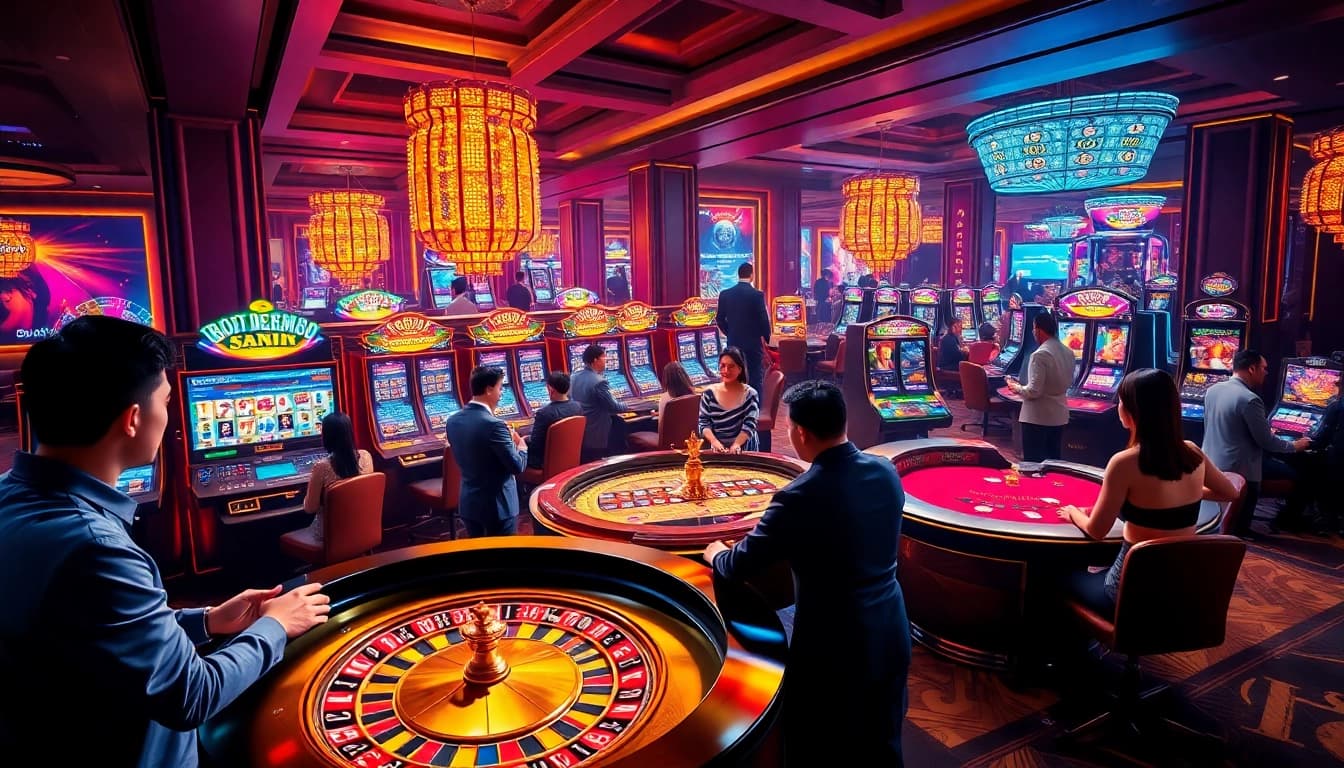 Players enjoying thrilling games at DH88 casino with vibrant roulette and modern slot machines.