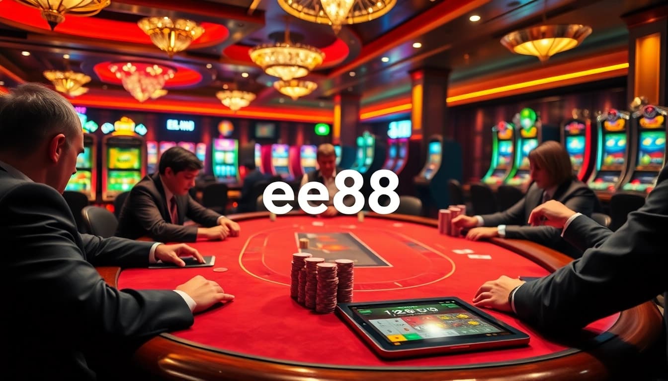 Engage in high-stakes poker at EE88 with vibrant chips and luxurious casino surroundings.