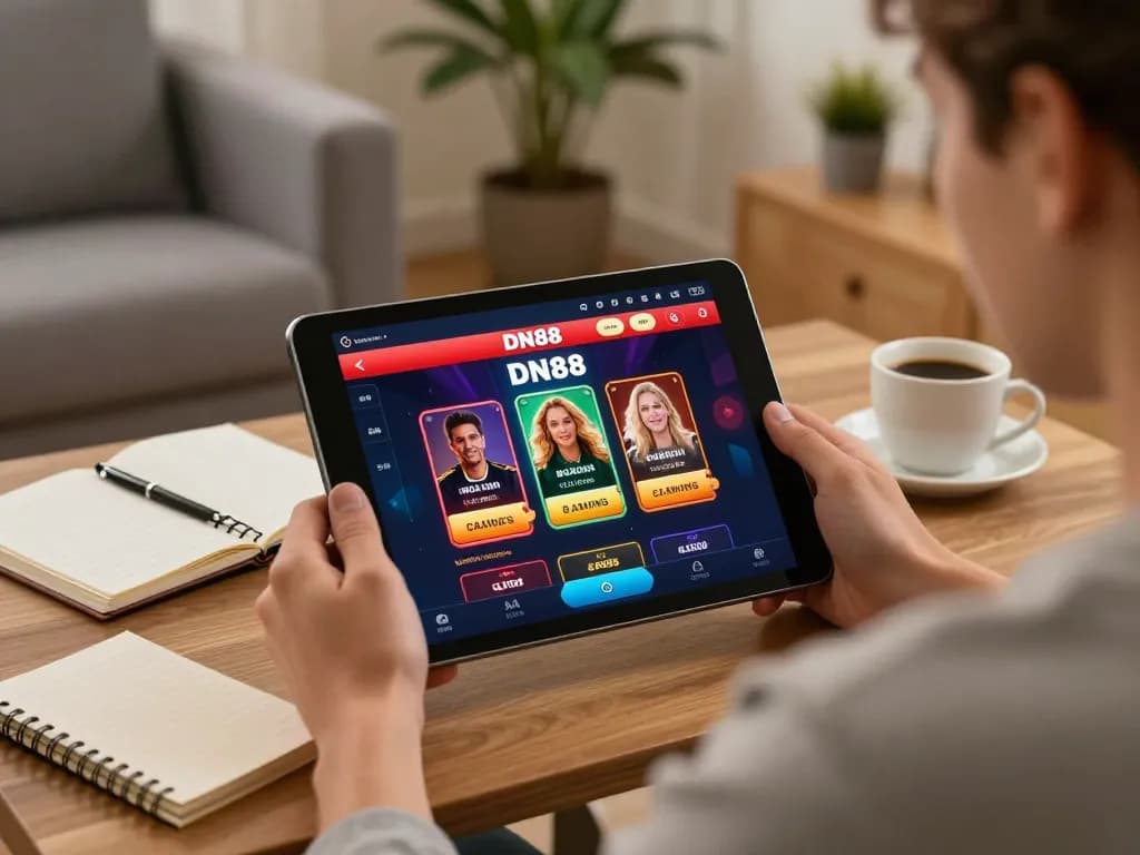 Engaging with DN88 casino app on a tablet in a cozy living room, illustrating online gambling.