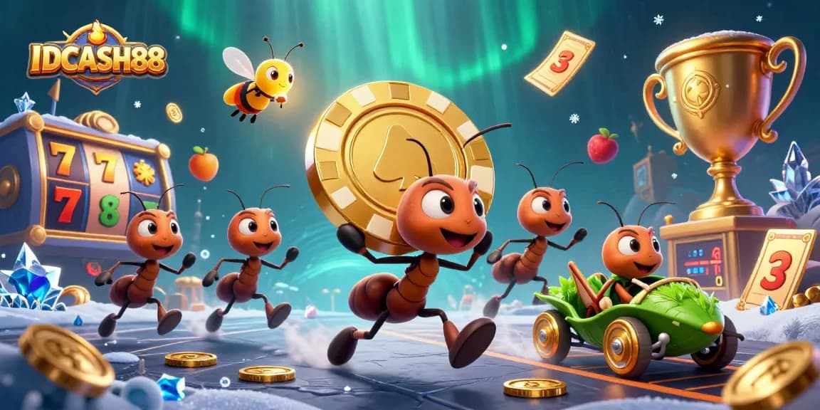 Engage with IDCASH88 to discover a whimsical 3D illustration of playful ants heisting golden poker chips.