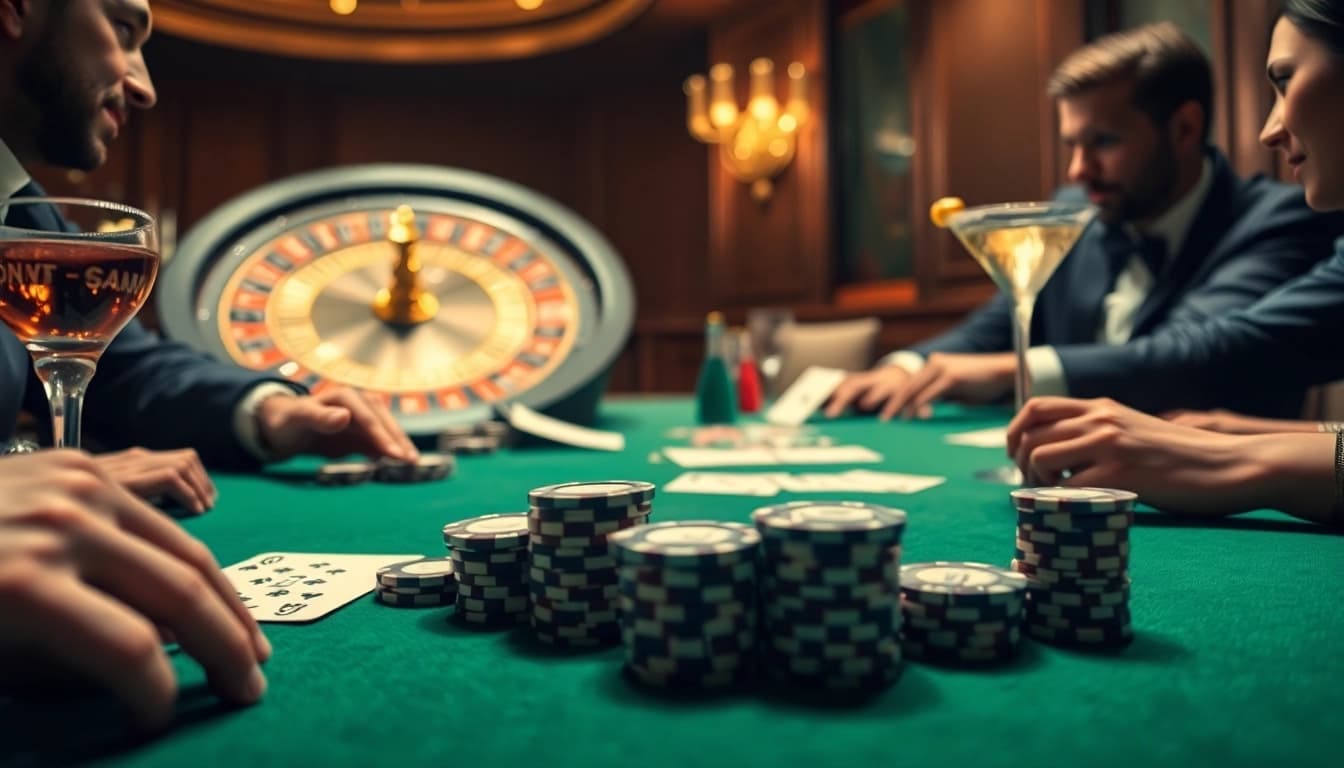 Bàn poker KO66 với những lá bài và chip thanh lịch, ghi lại sự phấn khích của trò chơi sòng bạc.