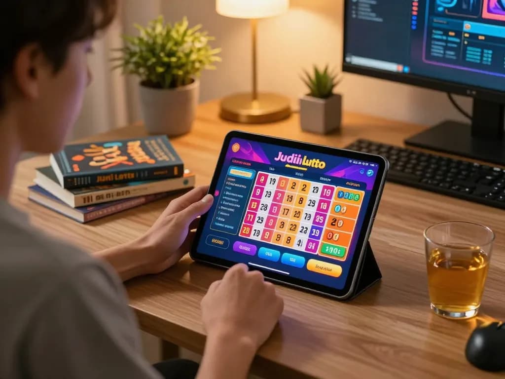 Engaging in Bolagila Judi Lotto on a tablet with a colorful lottery interface in a cozy home environment.