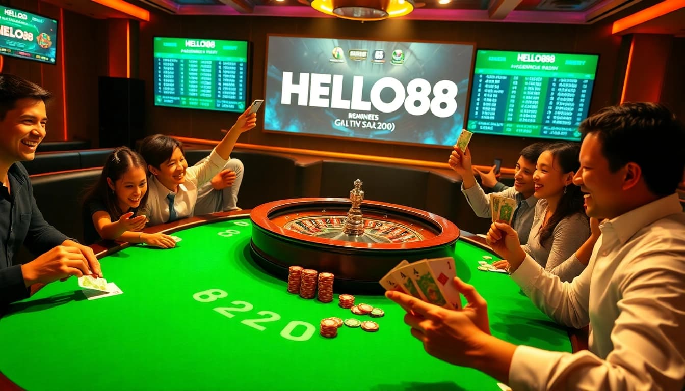 Experience the thrill of betting at HELLO88's lively casino with poker tables and roulette wheels.
