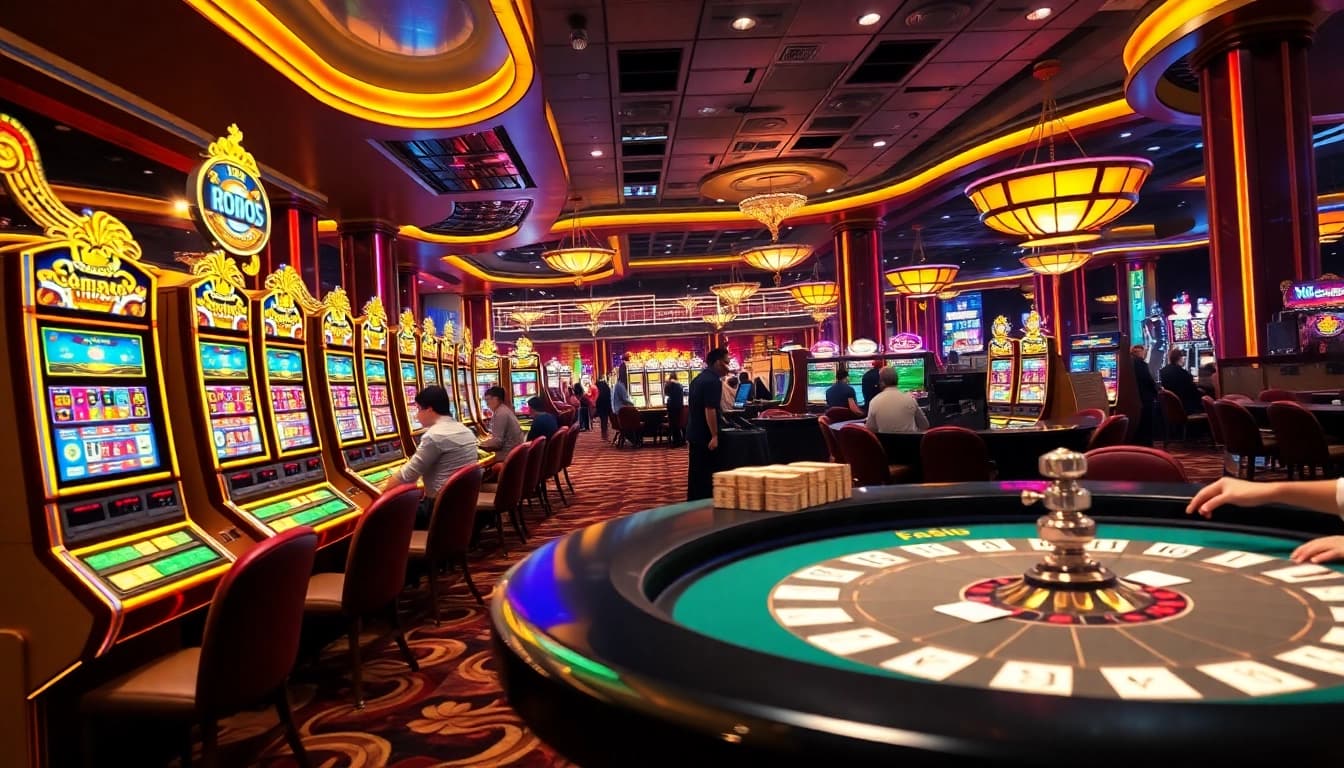 Raja Luck players enjoying a vibrant casino atmosphere with slot machines and poker tables.