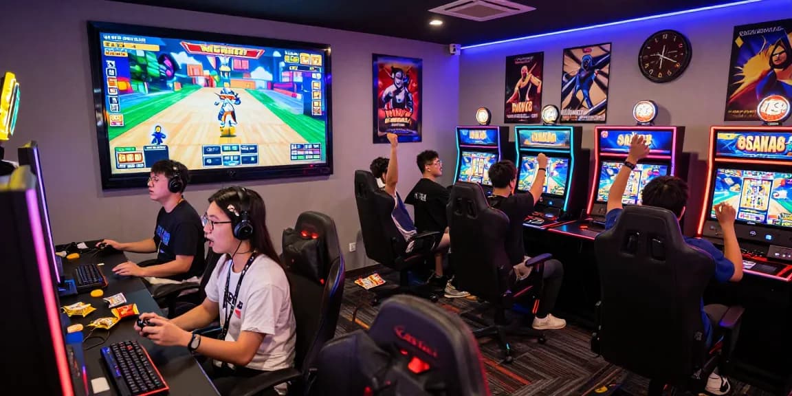 Players enjoying the OSAKA88 slot game in a vibrant gaming setup with colorful lights.