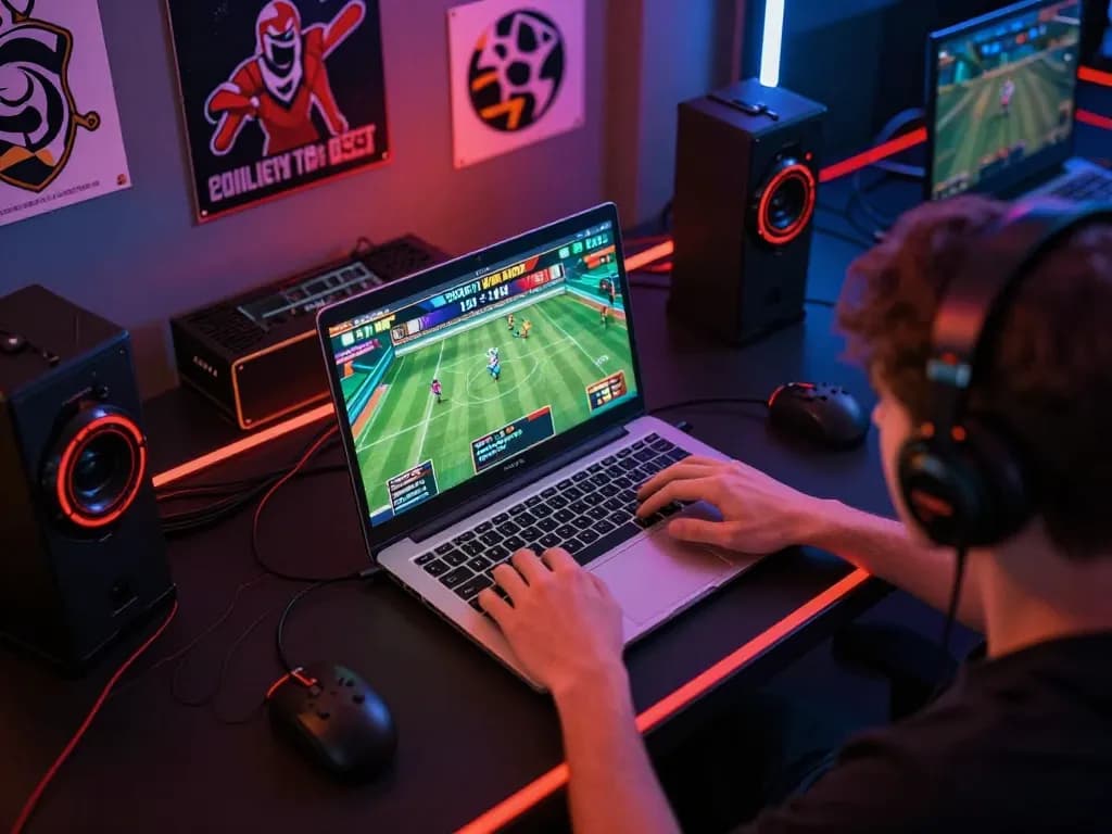 Engaged gamer using dr88 for sports betting on a laptop in a vibrant setup.