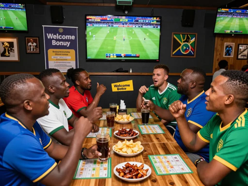 Sports betting in South Africa scene showing enthusiastic punters enjoying a soccer match in a vibrant pub atmosphere.