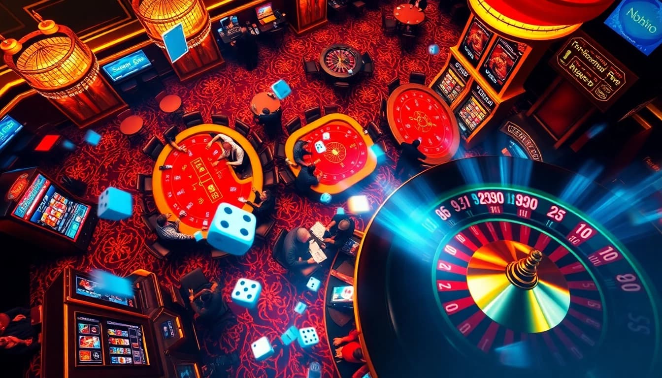 Nohu90 players enjoying high-stakes gaming at an opulent casino.
