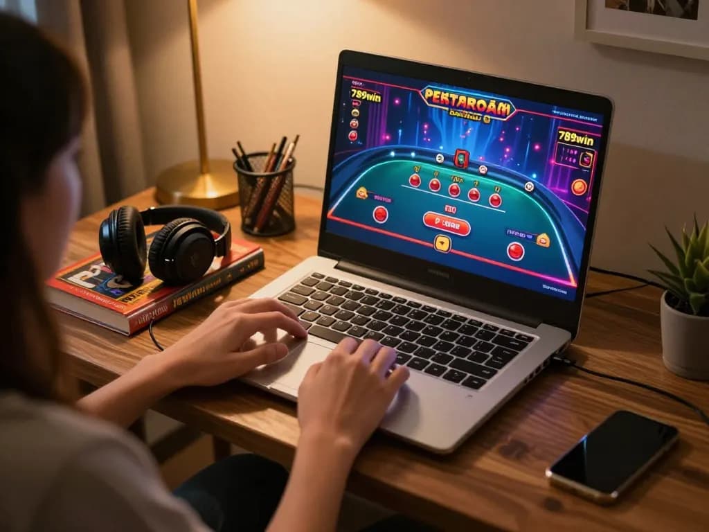 Engaging moment of a player using 789win on a laptop, surrounded by a cozy gaming setup.