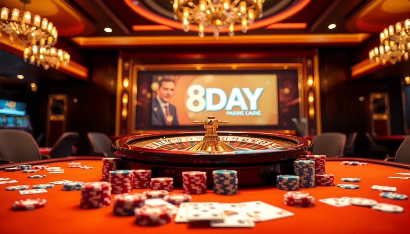 Players engaging in exciting casino games at a luxurious 8day venue, with roulette and poker chips.