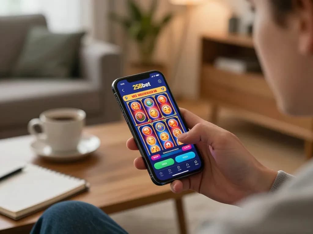 The player enjoys exciting slot games on 258bet mobile app, showcasing a vibrant gaming experience.