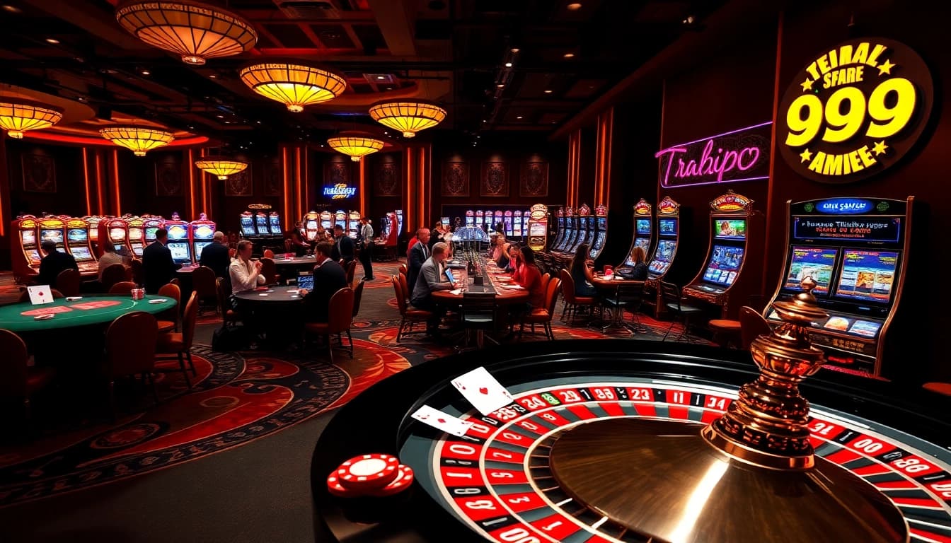 An exciting gaming scene at 99ok featuring roulette and poker tables, highlighting thrilling gambling moments.